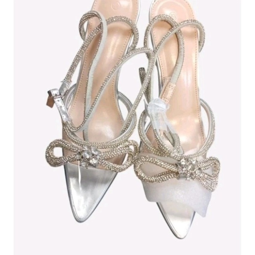 Clear And Silver Rhinestone Lace Up The Leg Dress Heels Size 8.5